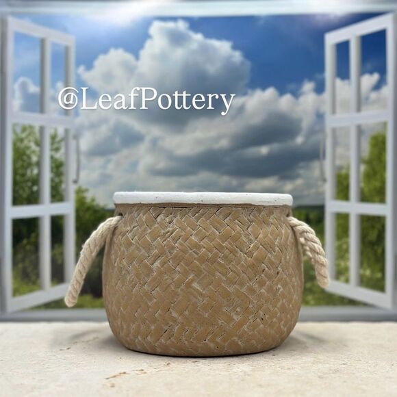 Barilito Rattan Neutral Stone Planter Pot with handles - Picture 1 of 8